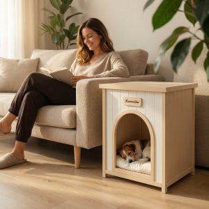 Modern Indoor Wooden Dog House with Cushion, Doubles as Side Table