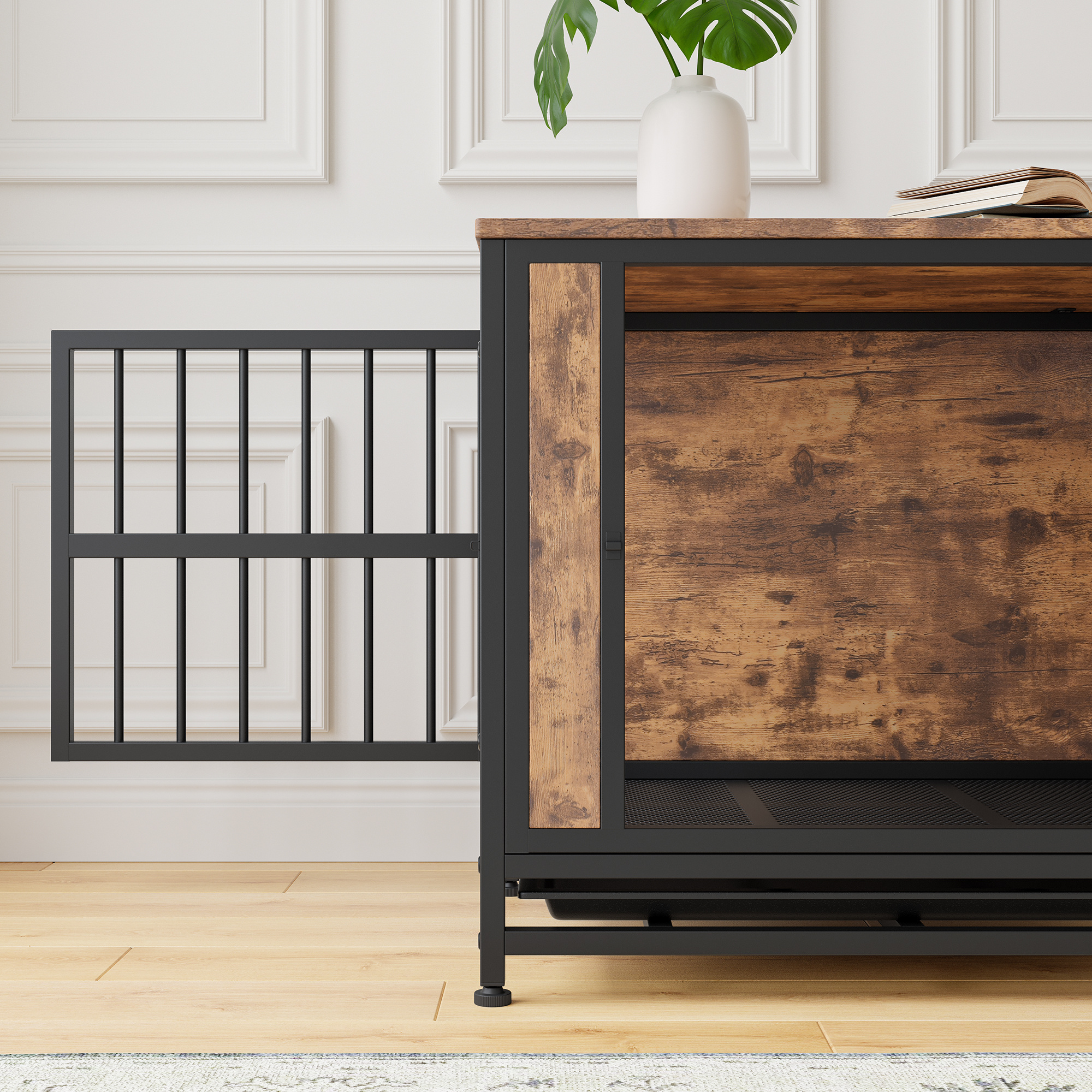 Rustic Dog Crate Side Table with Sliding Doors, 27.5 in - Image 3