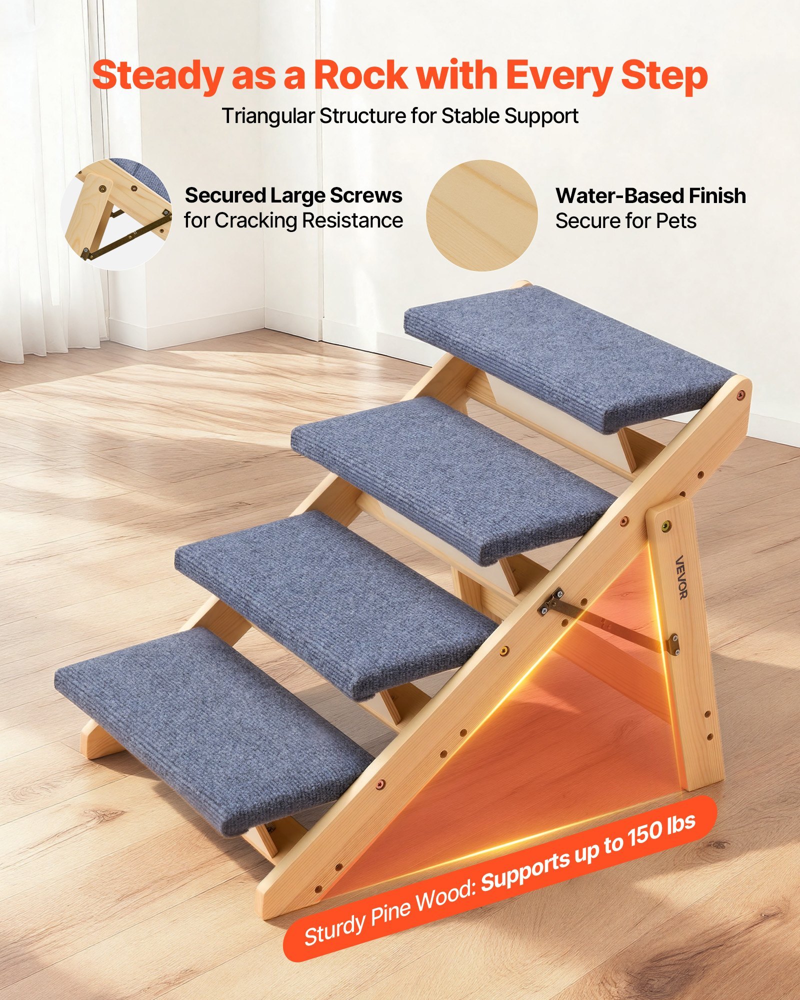 Wooden Pet Stairs, 4 Steps, Foldable, Supports up to 150 lb