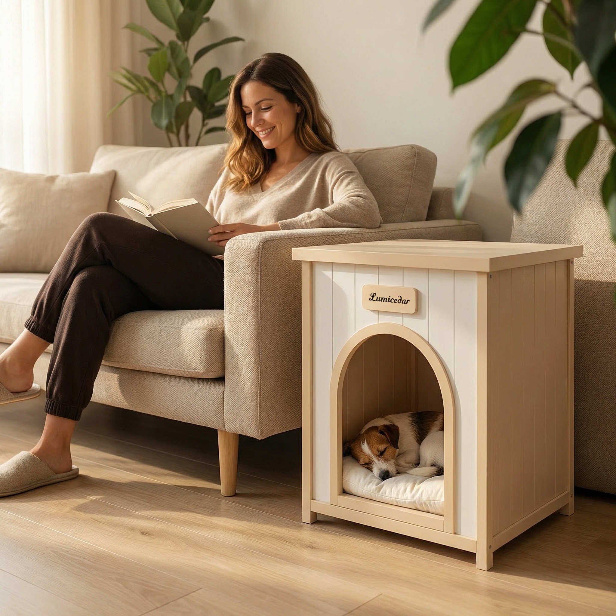 Modern Indoor Wooden Dog House with Cushion, Doubles as Side Table - Image 4