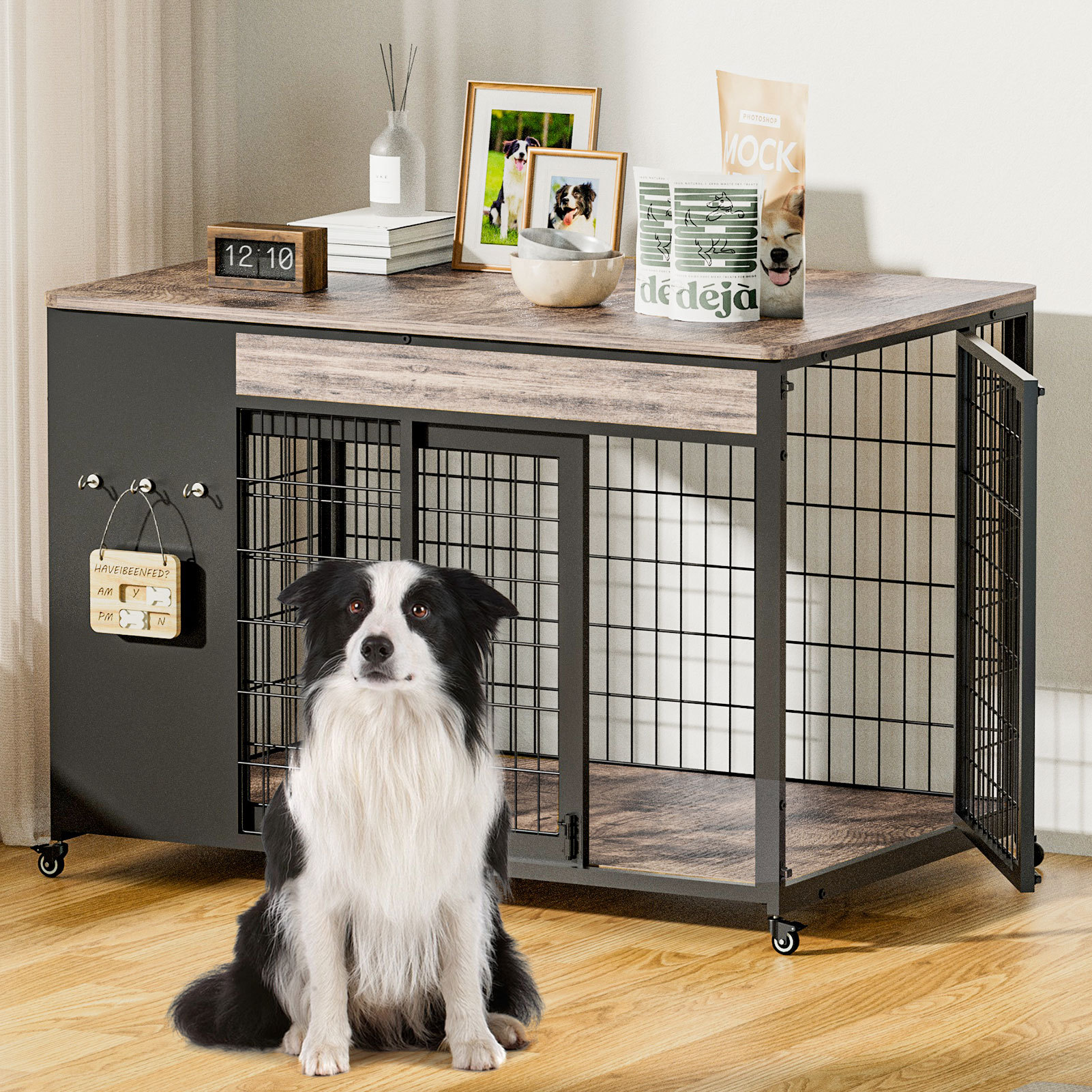 Large Dog Crate Furniture with Sliding Door and Casters, 38 in - Image 9