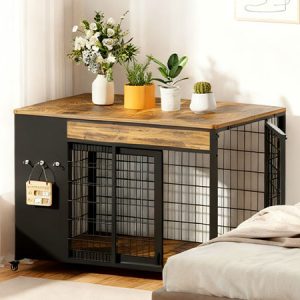 Large Dog Crate Furniture with Sliding Door and Casters, 38 in