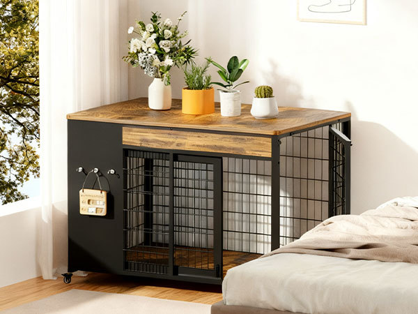 Large Dog Crate Furniture with Sliding Door and Casters, 38 in