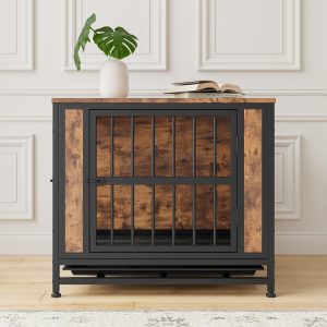 Rustic Dog Crate Side Table with Sliding Doors, 27.5 in