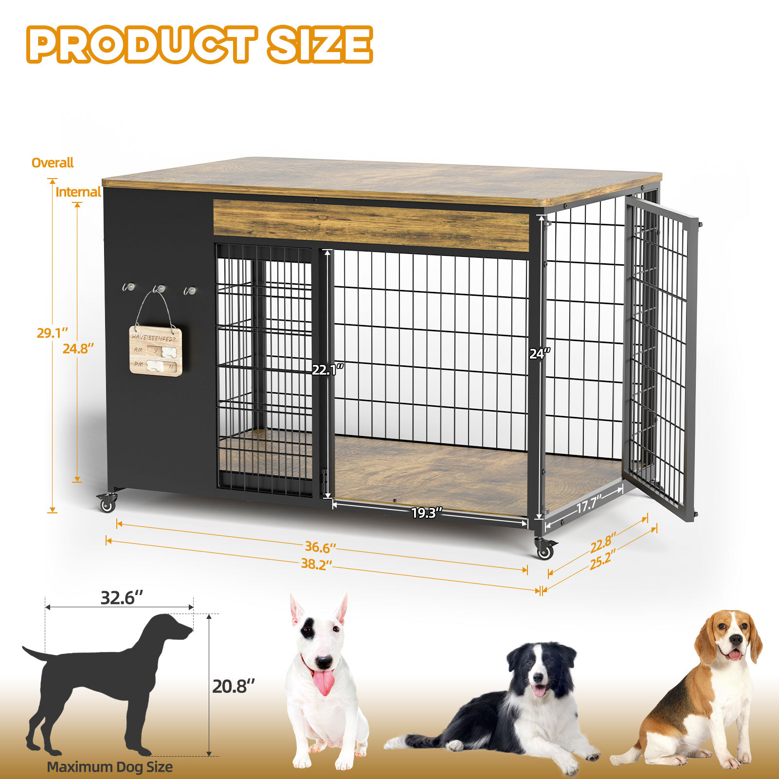 Large Dog Crate Furniture with Sliding Door and Casters, 38 in - Image 10