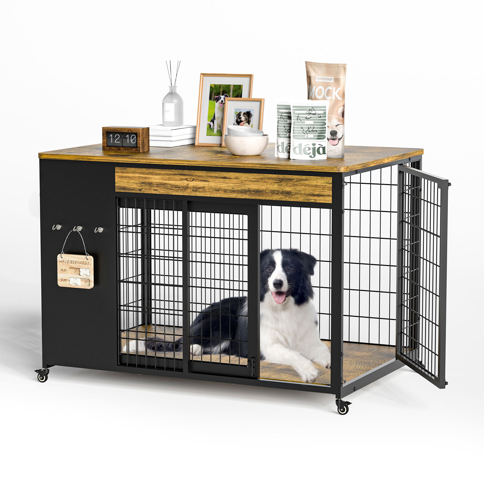Large Dog Crate Furniture with Sliding Door and Casters, 38 in - Image 3