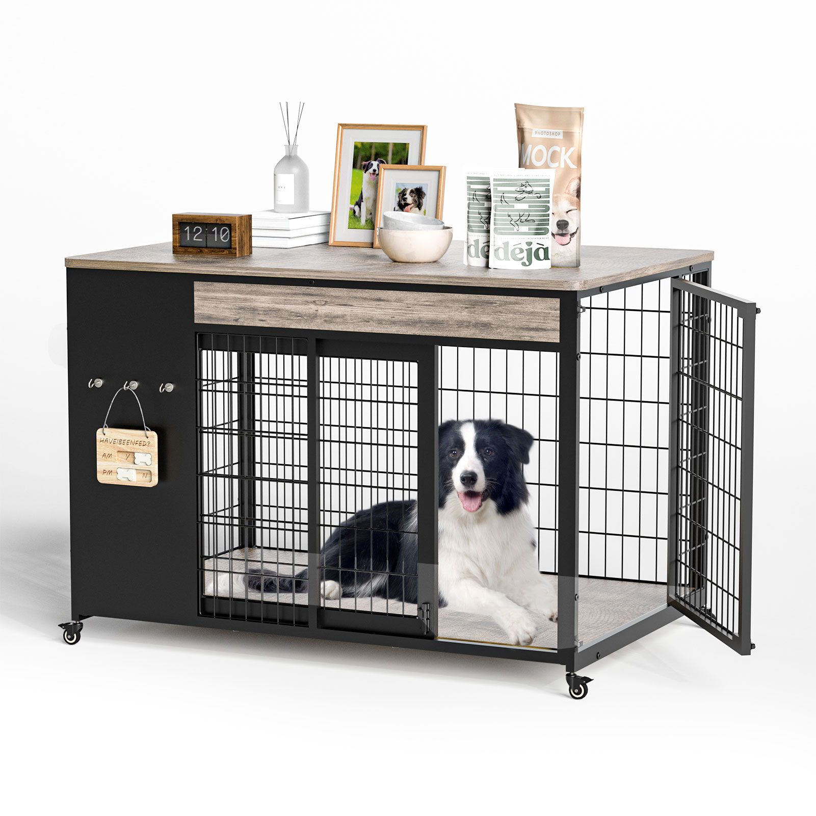 Large Dog Crate Furniture with Sliding Door and Casters, 38 in - Image 8