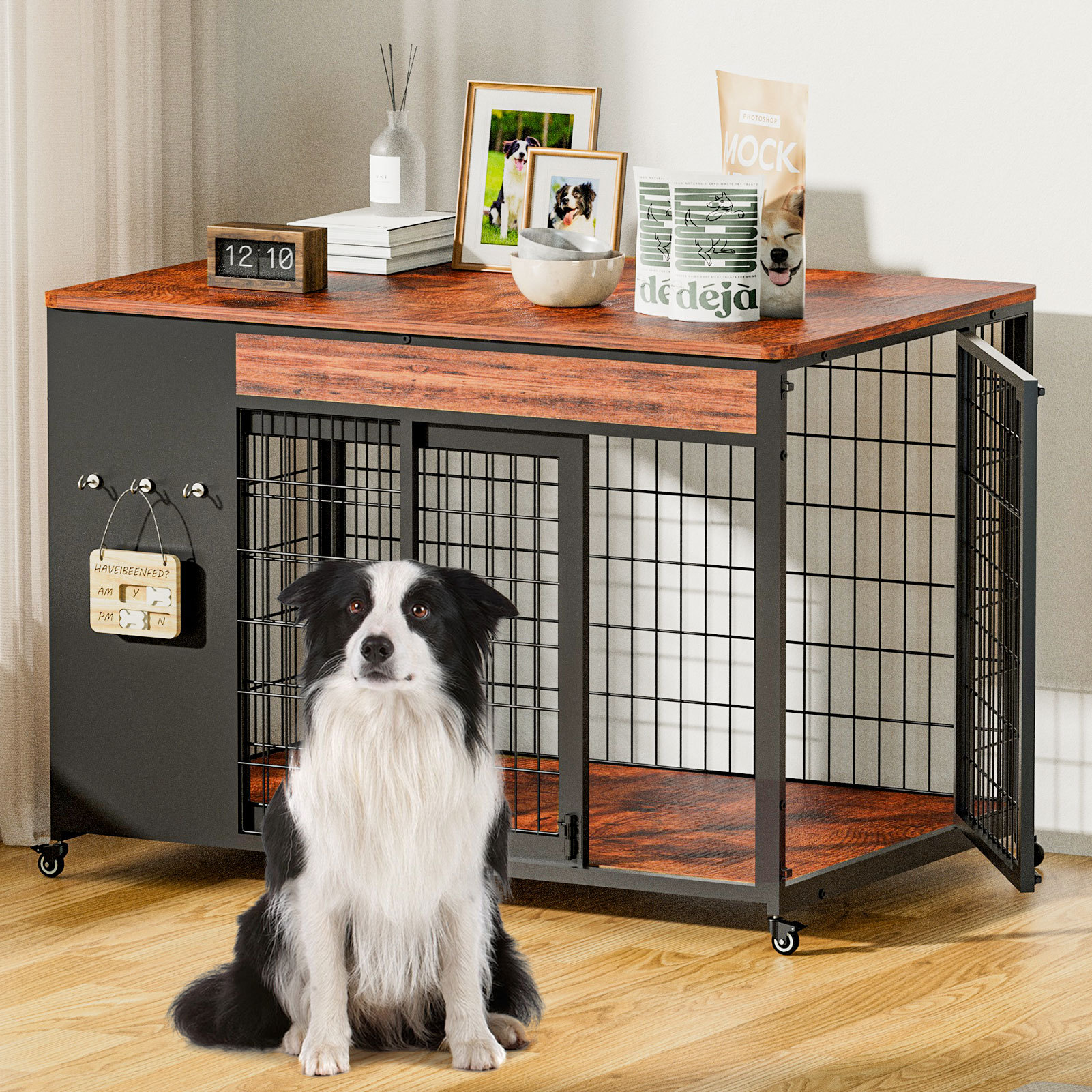 Large Dog Crate Furniture with Sliding Door and Casters, 38 in - Image 5