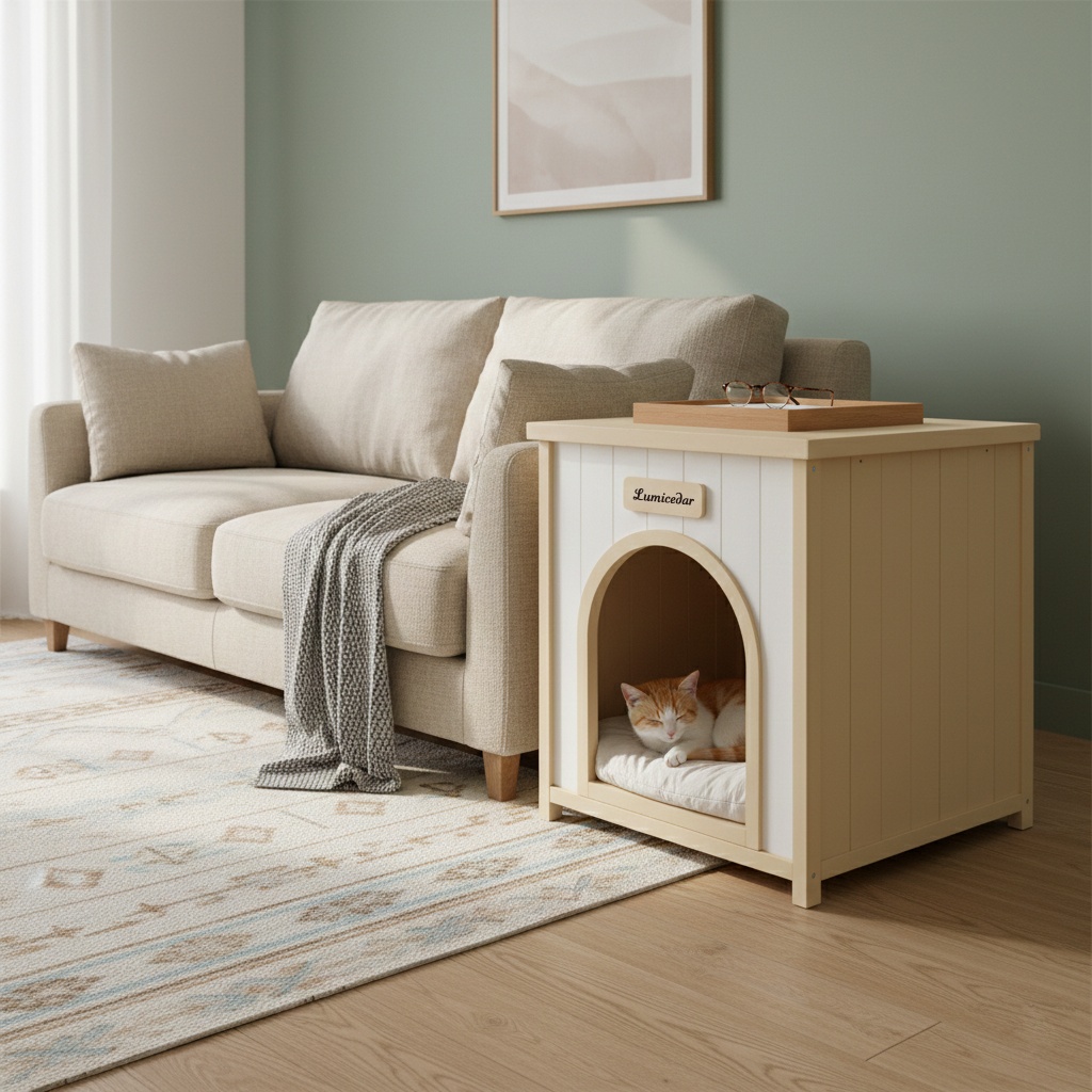 Modern Indoor Wooden Dog House with Cushion, Doubles as Side Table - Image 9