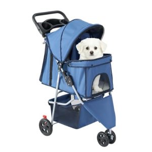 Foldable 3-Wheel Pet Stroller for Dogs and Cats, with Storage Basket