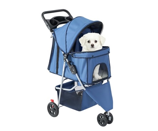 Foldable 3-Wheel Pet Stroller for Dogs and Cats, with Storage Basket