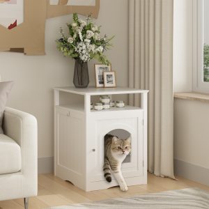 White Hidden Litter Box Cabinet with Storage Shelf