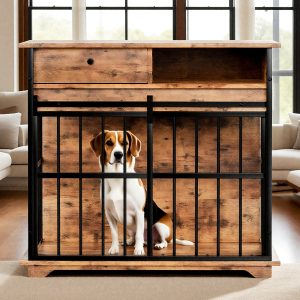 Large Dog Crate Furniture with Drawer and Tray, Walnut and Black